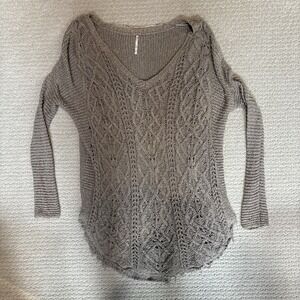 Free People Tan Taupe Cable Knit V-neck Cross My Neck Women's Sweater Size M
